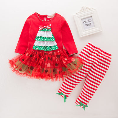 Girl's Christmas Outfit Long Sleeve Christmas Tree Voile Sequin Dress n Pants Two Piece Set - 1125 - Little Kooma