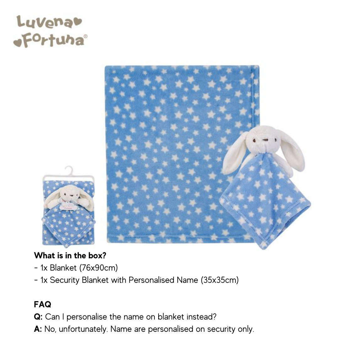 Personalised Customized Luvena Fortuna Plush Blanket n Security Blanket Set Blue Bunny S19629 - Little Kooma