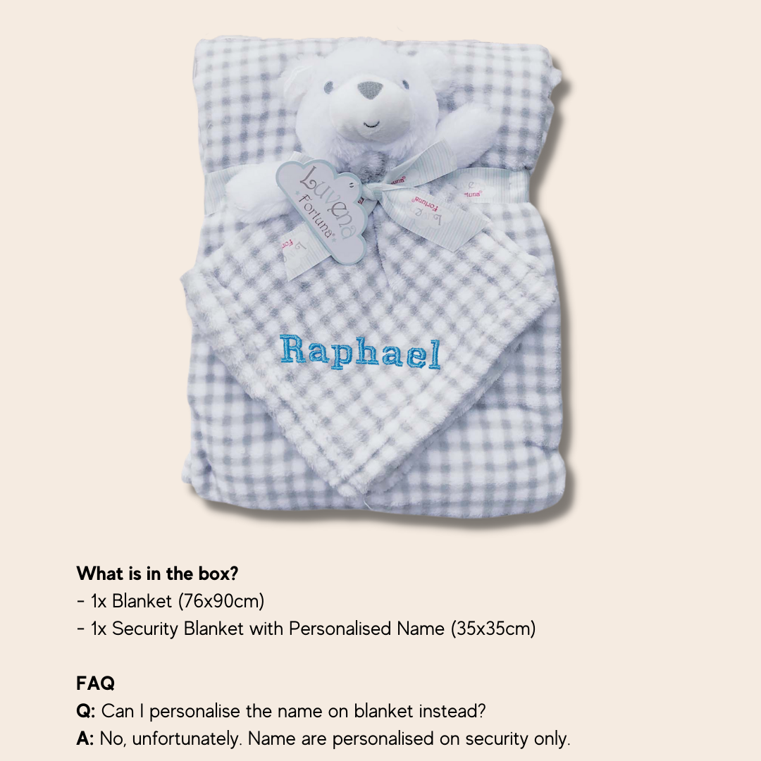 Personalised Customized Luvena Fortuna Plush Blanket n Security Blanket Set Grey Plaid Bear S19633 - Little Kooma