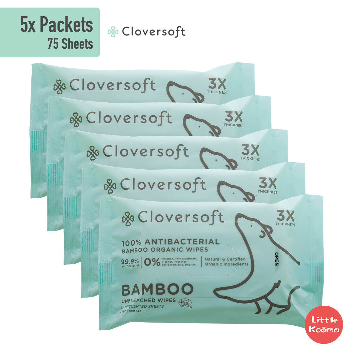 Cloversoft Antibacterial Organic Baby Wipes Made of Unbleached Bamboo - 15 sheets - Little Kooma