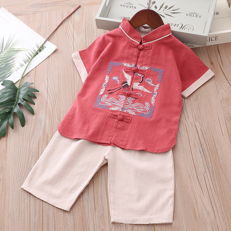 [KB08] Kids Boys Cheongsam Set Top n Shorts Embroidered Crane n Auspicious Clouds CNY Chinese New Year Outfit - Little Kooma