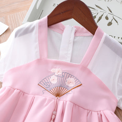 [KG19] Kids Girls Pink Fan Cheongsam Dress CNY Chinese New Year Outfit - Little Kooma