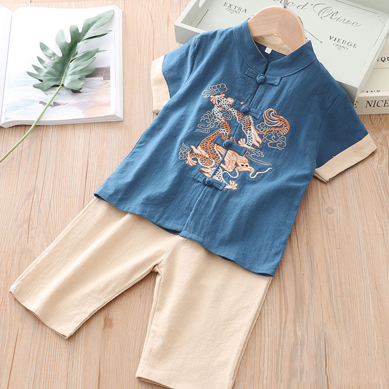 [KB07] Kids Boys Cheongsam Set Top n Shorts Embroidered Dragon n Auspicious Clouds CNY Chinese New Year Outfit - Little Kooma