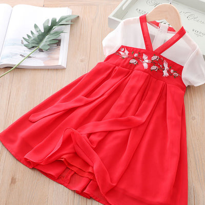 [KG15] Kids Girls Voile Splicing Cheongsam Dress w Embroidered Crane n Flowers CNY Chinese New Year Outfit - Little Kooma