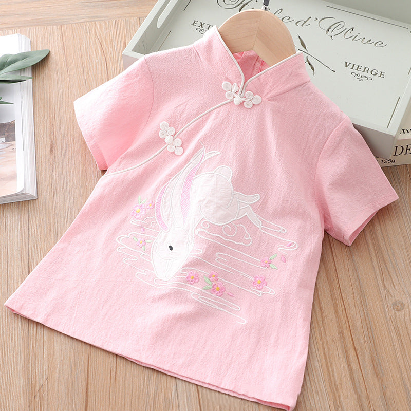 [KG08] Kids Girls Cheongsam Set Top n Skirt Embroidered Bunny CNY Chinese New Year Outfit - Little Kooma
