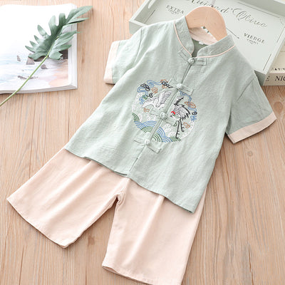 [KB06] Kids Boys Cheongsam Set Top n Shorts Embroidered Crane n Circle Auspicious Clouds CNY Chinese New Year Outfit - Little Kooma