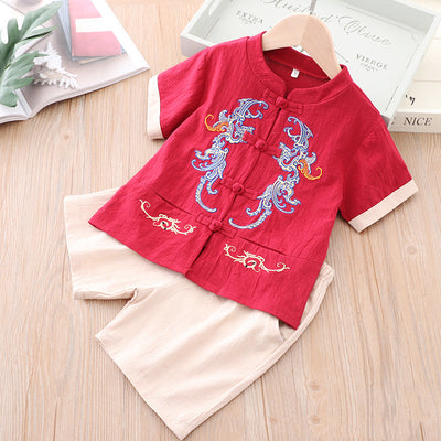 [KB03] Kids Boys Cheongsam Set Top n Shorts Blue Embroidered Dragons CNY Chinese New Year Outfit - Little Kooma