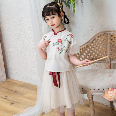 [KG07] Kids Girls Voile Cheongsam Set Top n Skirt Embroidered Peony CNY Chinese New Year Outfit - Little Kooma