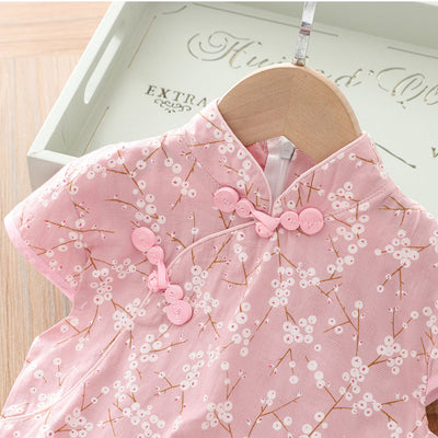 [KG09] Kids Girls White Cotton Flowers Cheongsam Dress Cap Sleeves CNY Chinese New Year Outfit - Little Kooma