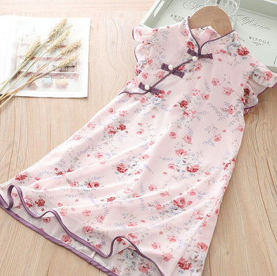 [KG10] Kids Girls Voile Floral Cheongsam Dress Ruffled Sleeves CNY Chinese New Year Outfit - Little Kooma