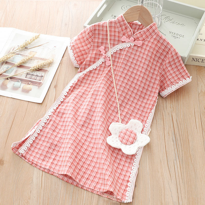 [KG01] Kids Girls Lace Trim Plaid Cheongsam Dress n Sling Bag CNY Chinese New Year Outfit - Little Kooma