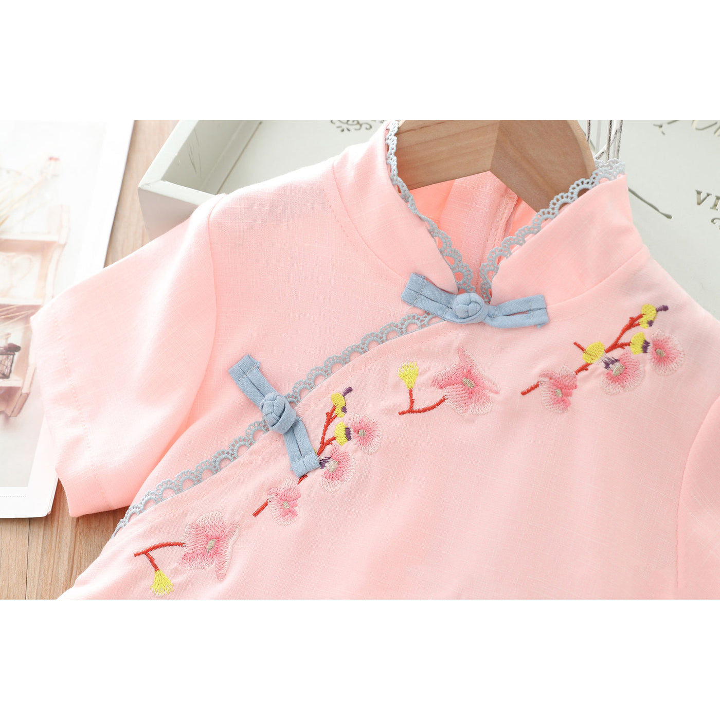[KG06] Kids Girls Voile Cheongsam Set Top n Skirt Embroidered Flower n Butterfly CNY Chinese New Year Outfit - Little Kooma