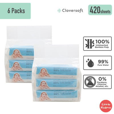 Cloversoft Organic Baby Wipes, Oral Safe, Unbleached Bamboo Pure Water, 70 sheets per pack - Little Kooma
