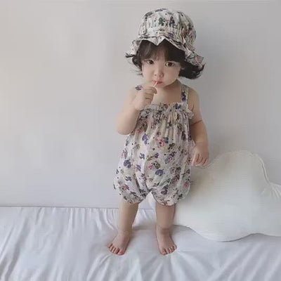 Baby Girl Flowers Cami Romper n Hat Set - 0616