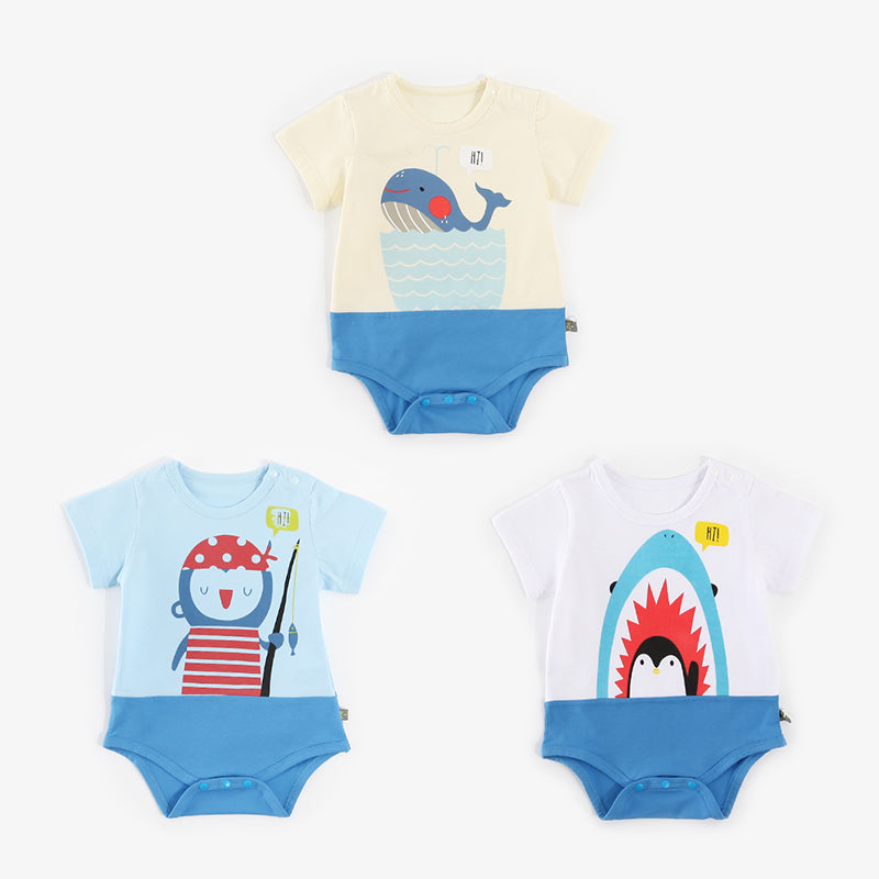 Baby Splicing Bodysuit w Penguin Shark Whale - 1009 - Little Kooma