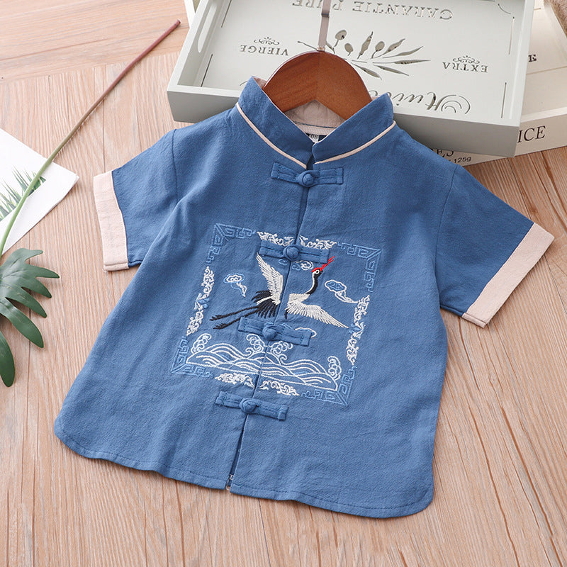[KB08] Kids Boys Cheongsam Set Top n Shorts Embroidered Crane n Auspicious Clouds CNY Chinese New Year Outfit - Little Kooma