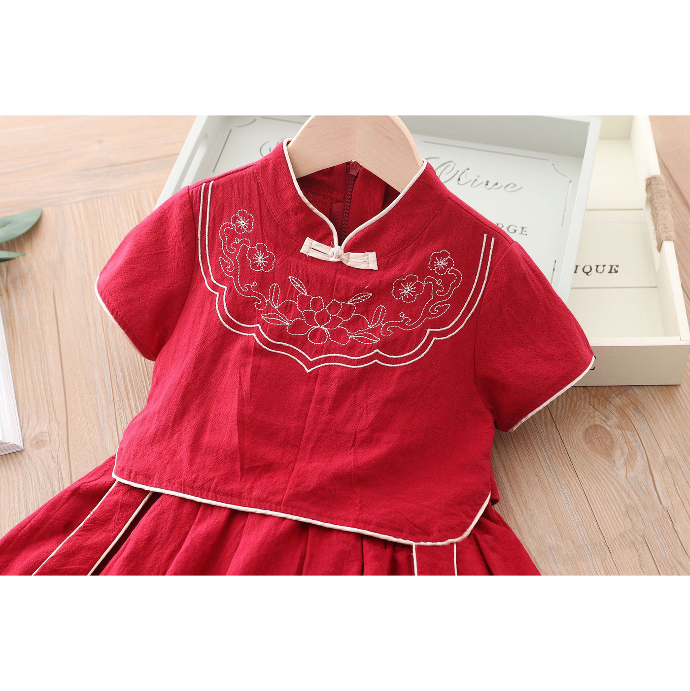 [KG13] Kids Girls Fake Two Piece Cheongsam Dress w Embroidered Lotus Flowers CNY Chinese New Year Outfit - Little Kooma