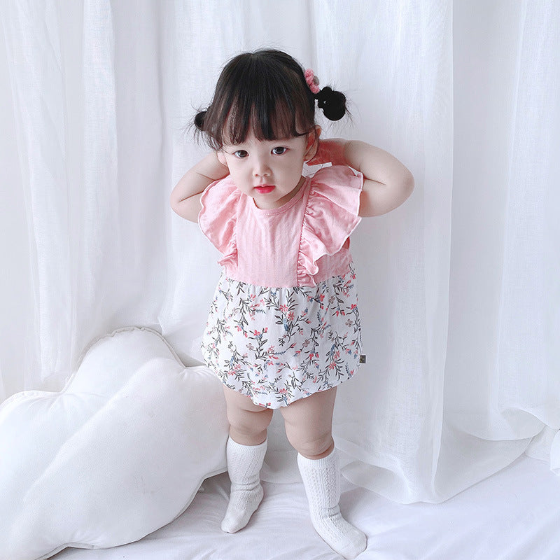 [ZBG10] Baby Girl Splicing Floral Bodysuit Ruffled Sleeves Little Flowers - Little Kooma