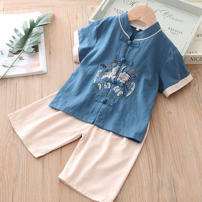 [KB06] Kids Boys Cheongsam Set Top n Shorts Embroidered Crane n Circle Auspicious Clouds CNY Chinese New Year Outfit - Little Kooma