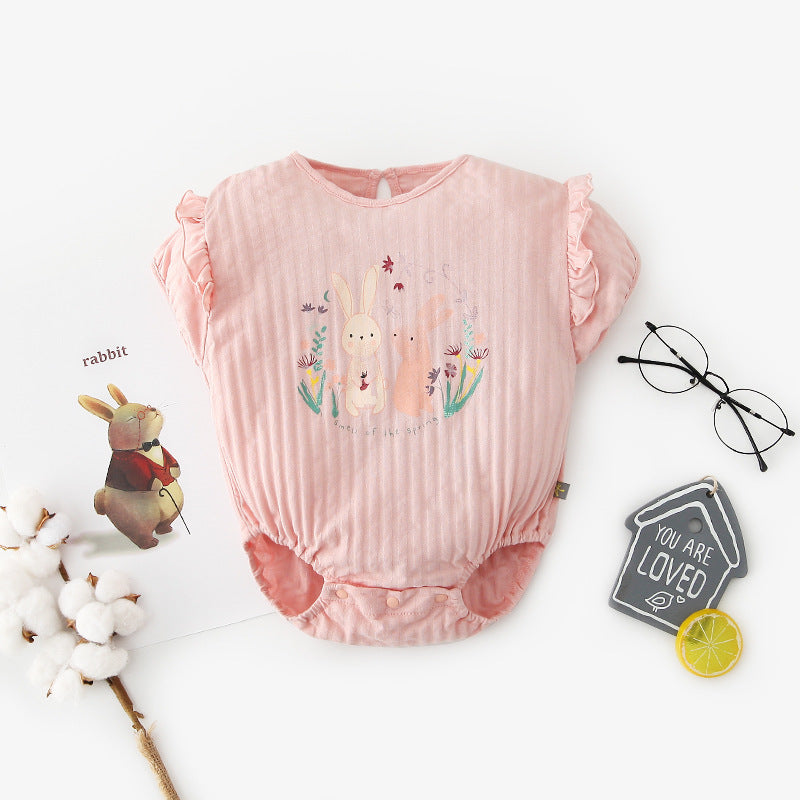 [ZBG11] Baby Girl Puff Sleeve Bodysuit w Printed Bunnies - Little Kooma