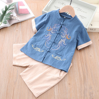 [KB03] Kids Boys Cheongsam Set Top n Shorts Blue Embroidered Dragons CNY Chinese New Year Outfit - Little Kooma