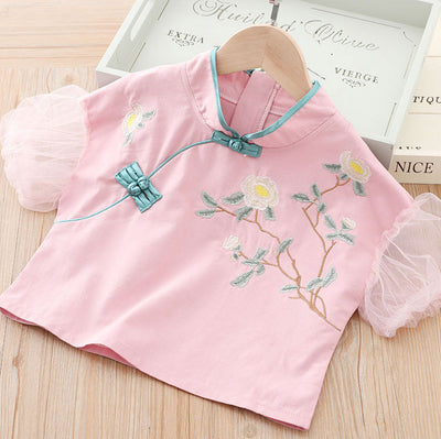 [KG07] Kids Girls Voile Cheongsam Set Top n Skirt Embroidered Peony CNY Chinese New Year Outfit - Little Kooma