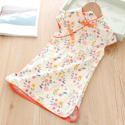 [KG04] Kids Girls Pink n Yellow Flowers Cheongsam Dress Cap Sleeves CNY Chinese New Year Outfit - Little Kooma