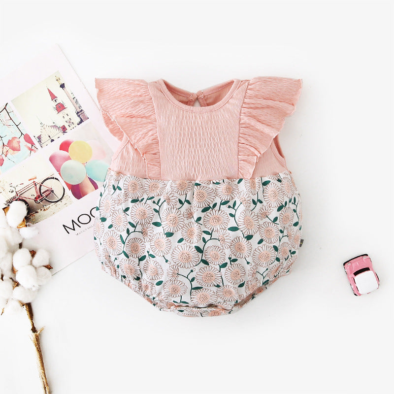 [ZBG13] Baby Girl Splicing Floral Bodysuit Ruffled Sleeves White Chrysanthemum - Little Kooma