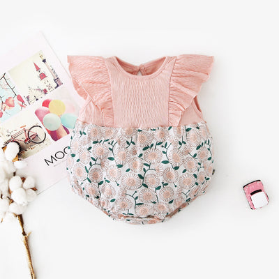[ZBG13] Baby Girl Splicing Floral Bodysuit Ruffled Sleeves White Chrysanthemum - Little Kooma