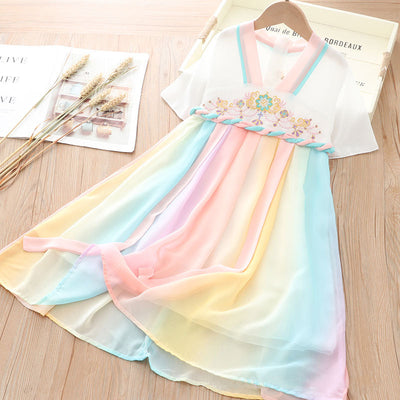 [KG14] Kids Girls Colorful Unicorn Voile Splicing Cheongsam Dress w Embroidered Flowers CNY Chinese New Year Outfit - Little Kooma