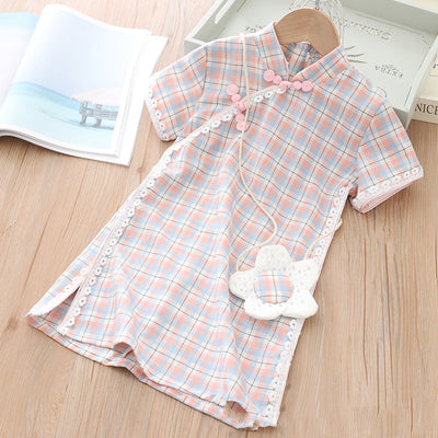 [KG01] Kids Girls Lace Trim Plaid Cheongsam Dress n Sling Bag CNY Chinese New Year Outfit - Little Kooma