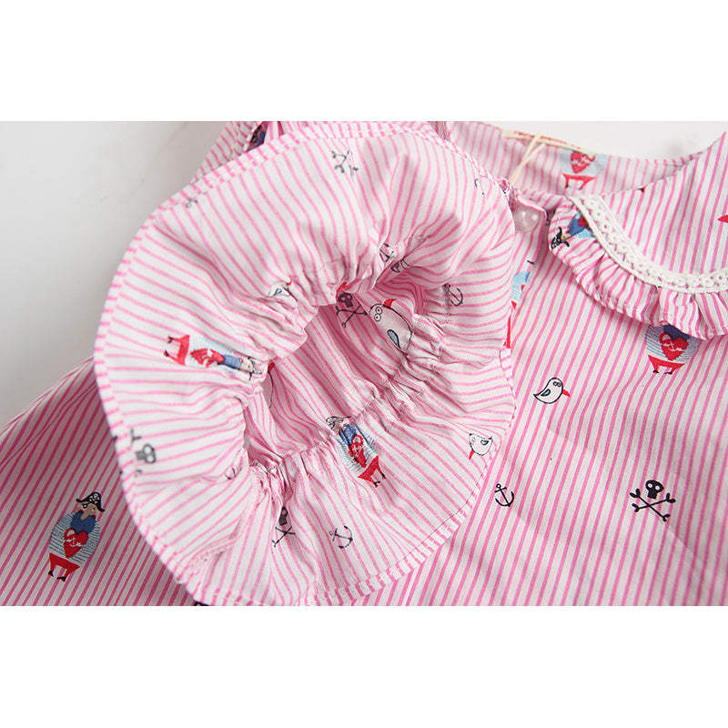 Baby Girl's Long Bell Sleeve Striped Collar Shirt w Pirates Print - Little Kooma