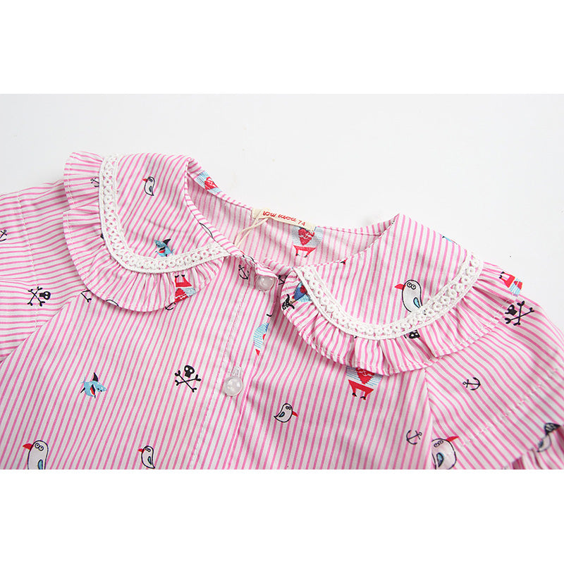 Baby Girl's Long Bell Sleeve Striped Collar Shirt w Pirates Print - Little Kooma