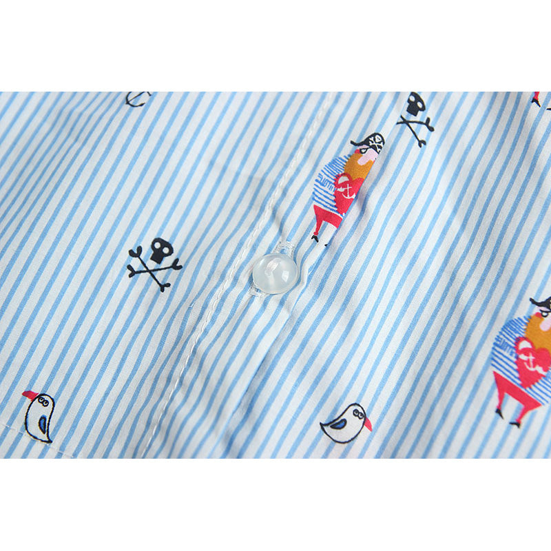 Baby Girl's Long Bell Sleeve Striped Collar Shirt w Pirates Print - Little Kooma