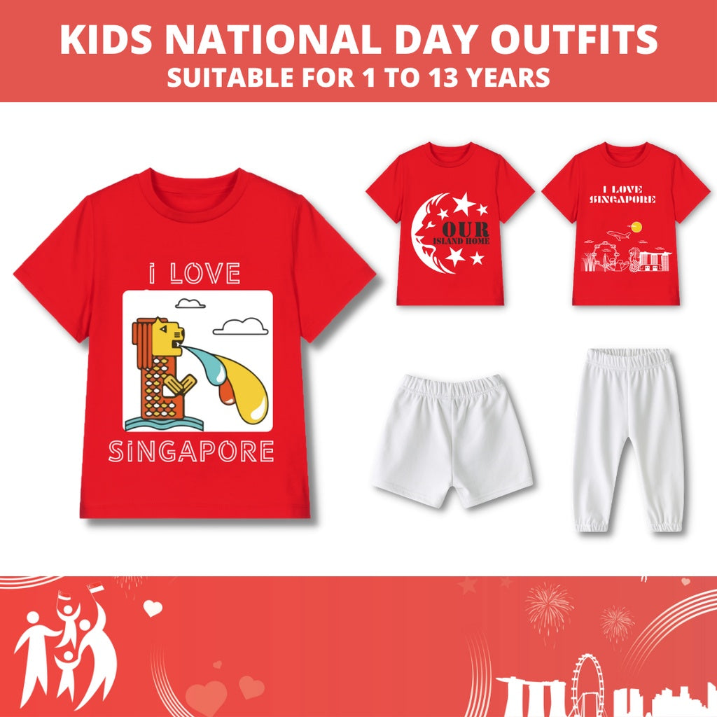 Baby Kids Red T-shirt I Love Singapore Merlion Gardens By the Bay Art Science Museum hangi Airport Skytrain PlaneSingapore Flyer Marina Bay Sands National Day Top Outfit - Little Kooma