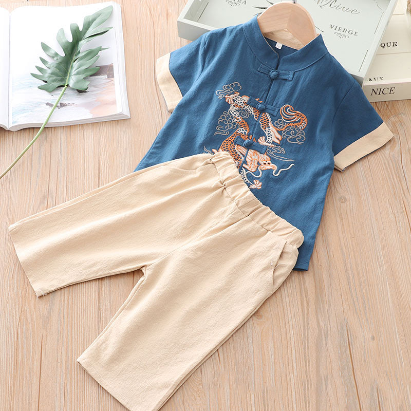 [KB07] Kids Boys Cheongsam Set Top n Shorts Embroidered Dragon n Auspicious Clouds CNY Chinese New Year Outfit - Little Kooma