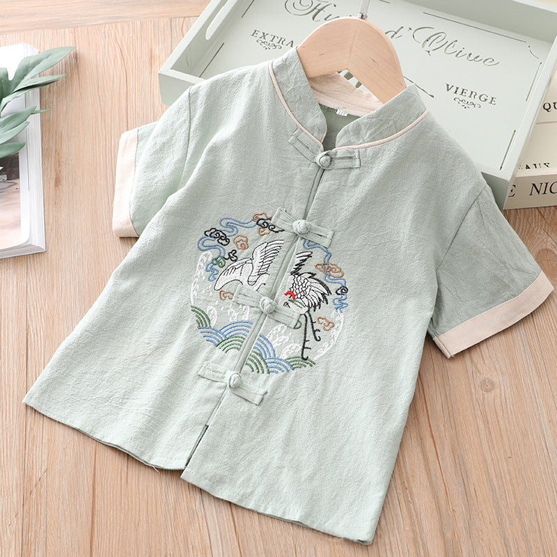 [KB06] Kids Boys Cheongsam Set Top n Shorts Embroidered Crane n Circle Auspicious Clouds CNY Chinese New Year Outfit - Little Kooma