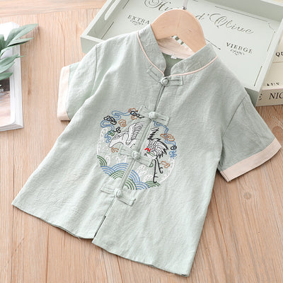 [KB06] Kids Boys Cheongsam Set Top n Shorts Embroidered Crane n Circle Auspicious Clouds CNY Chinese New Year Outfit - Little Kooma
