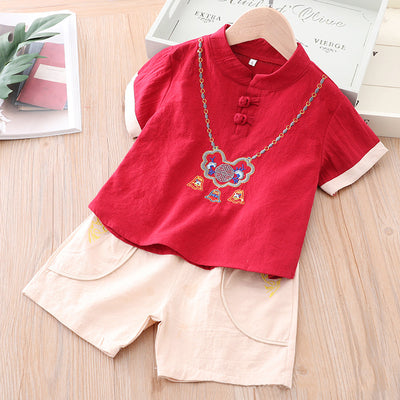 [KB01] Kids Boys Cheongsam Set Top n Shorts Embroidered Ruyi Lock CNY Chinese New Year Outfit - Little Kooma