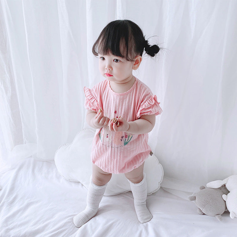 [ZBG11] Baby Girl Puff Sleeve Bodysuit w Printed Bunnies - Little Kooma