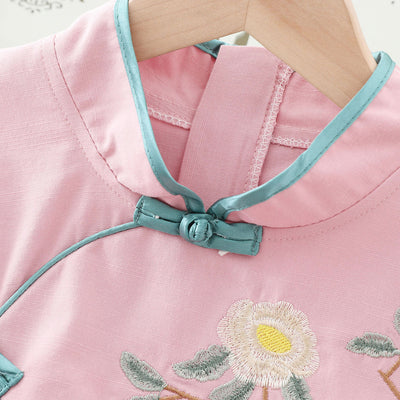 [KG07] Kids Girls Voile Cheongsam Set Top n Skirt Embroidered Peony CNY Chinese New Year Outfit - Little Kooma