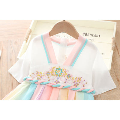 [KG14] Kids Girls Colorful Unicorn Voile Splicing Cheongsam Dress w Embroidered Flowers CNY Chinese New Year Outfit - Little Kooma