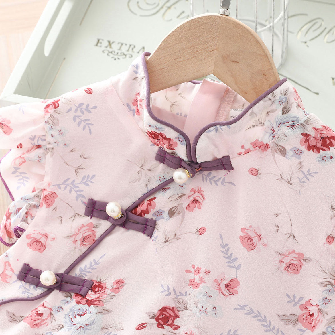 [KG10] Kids Girls Voile Floral Cheongsam Dress Ruffled Sleeves CNY Chinese New Year Outfit - Little Kooma