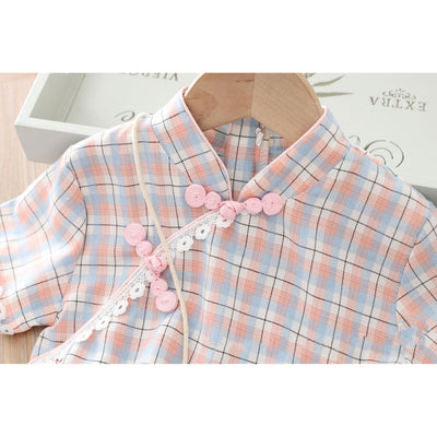 [KG01] Kids Girls Lace Trim Plaid Cheongsam Dress n Sling Bag CNY Chinese New Year Outfit - Little Kooma
