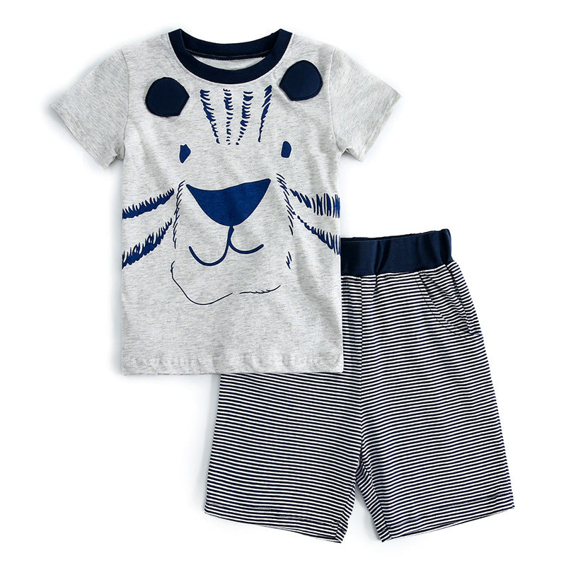 Kids Baby Boy's Grey Tiger T-shirt Dark Blue Striped Shorts Set - 1021 - Little Kooma