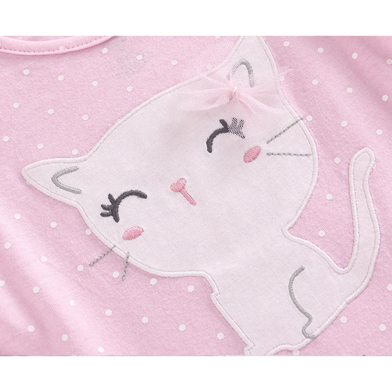 Baby Girl Pink Romper w White Dots n Cat - Little Kooma
