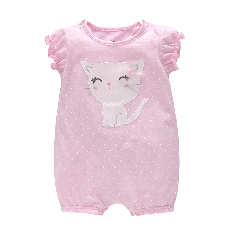 Baby Girl Pink Romper w White Dots n Cat - Little Kooma