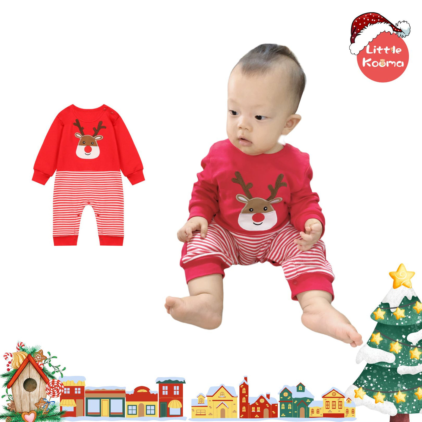 Baby Christmas Outfit Reindeer Long Sleeve All In One Jumpsuit - Little Kooma