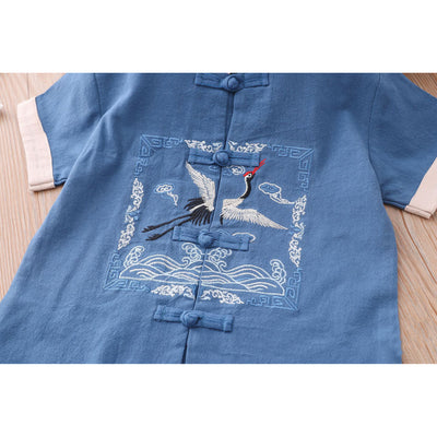 [KB08] Kids Boys Cheongsam Set Top n Shorts Embroidered Crane n Auspicious Clouds CNY Chinese New Year Outfit - Little Kooma