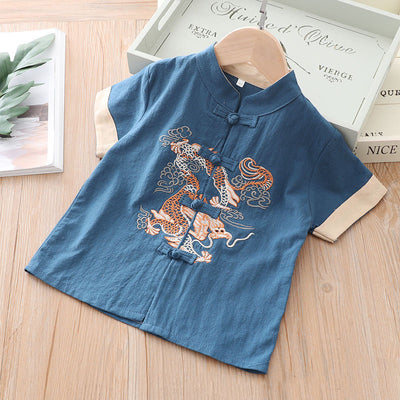 [KB07] Kids Boys Cheongsam Set Top n Shorts Embroidered Dragon n Auspicious Clouds CNY Chinese New Year Outfit - Little Kooma